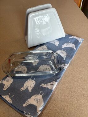 White Ceramic Napkin Holder and clear glass butter dish